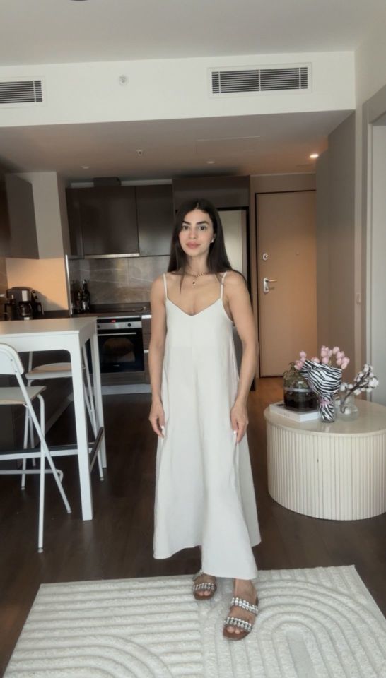 Taş rengi ip askılı salaş elbise