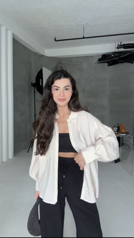 İpek karışımlı ekru oversize gömlek