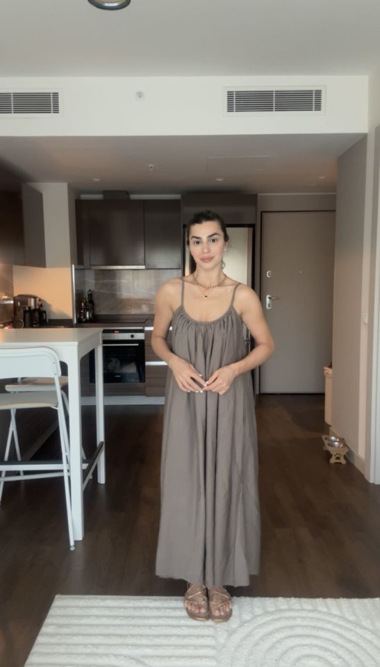 Toprak rengi askılı premium elbise
