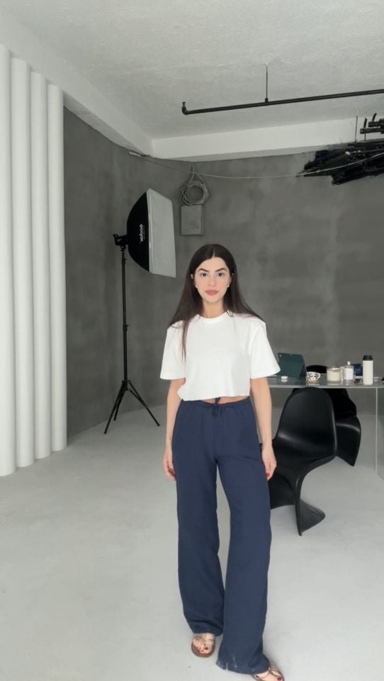 Lacivert keten karışımlı bağcıklı pantolon