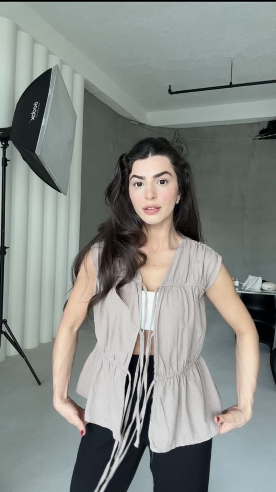 Büzgülü keten vizon bağlamalı yelek