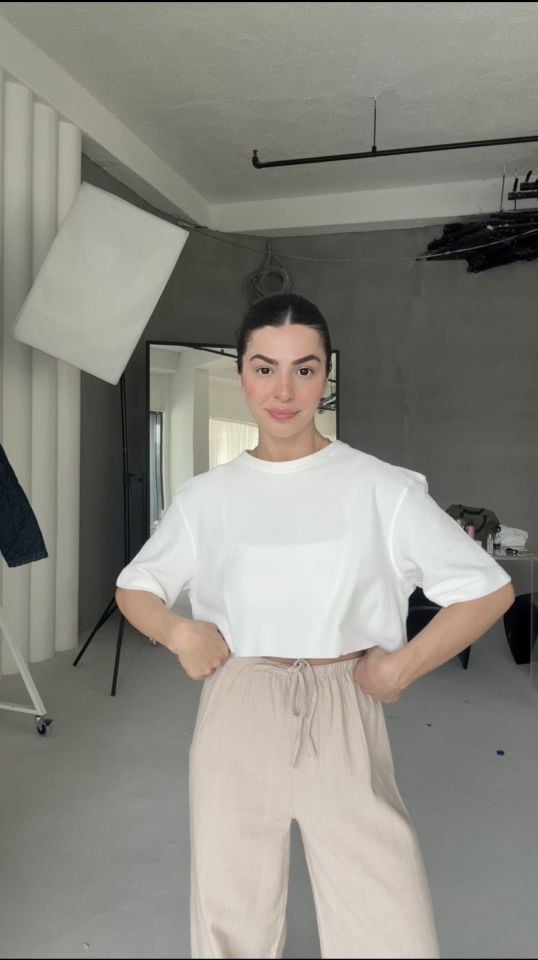 Naturel keten beli bağcıklı pantolon