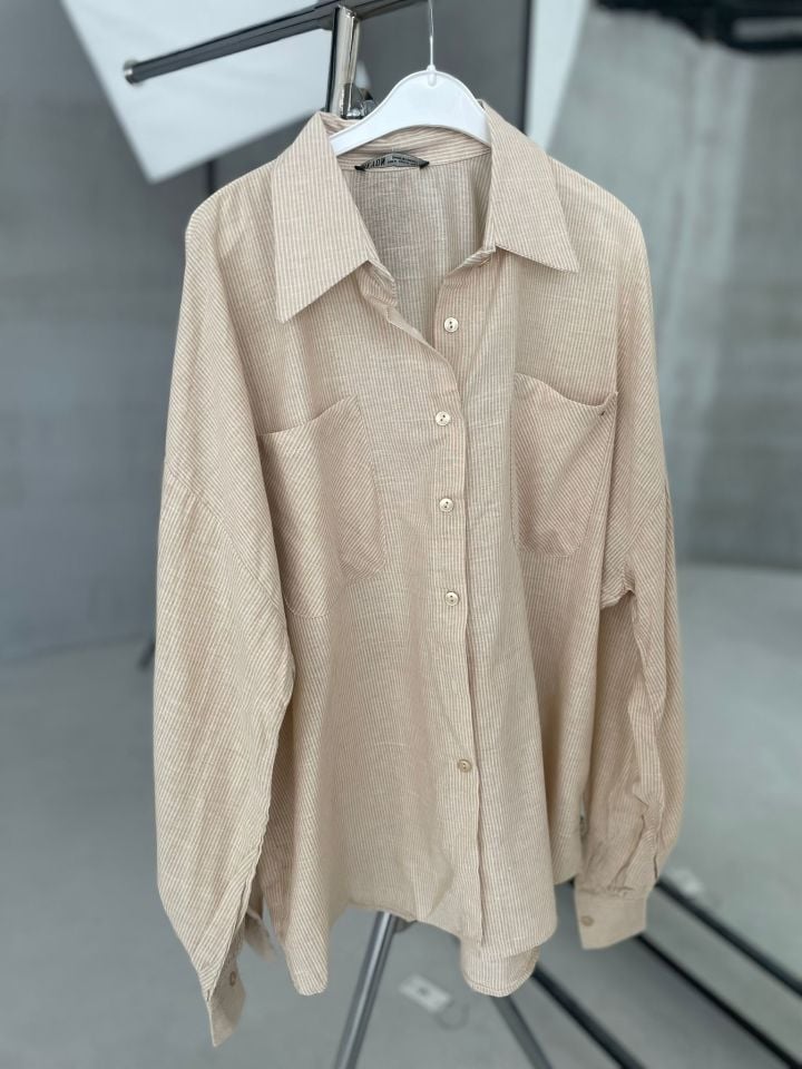 Ekru çizgili oversize gömlek