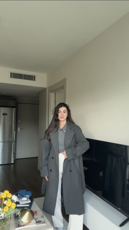 Antrasit kaşe kuşaklı kaban