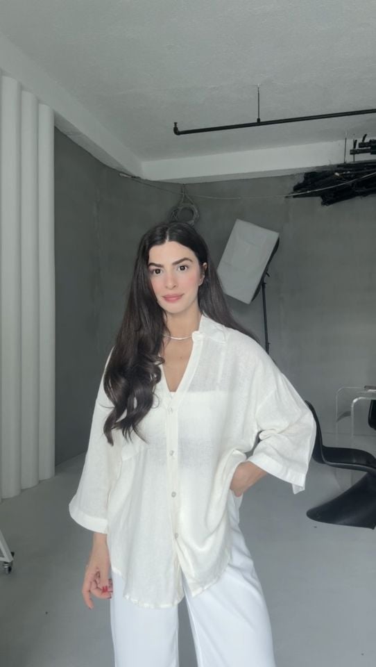 Keten yarım kol oversize gömlek