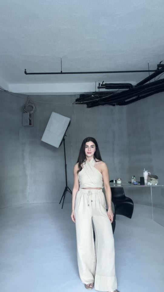 Naturel keten tasarım bluz pantolon takım