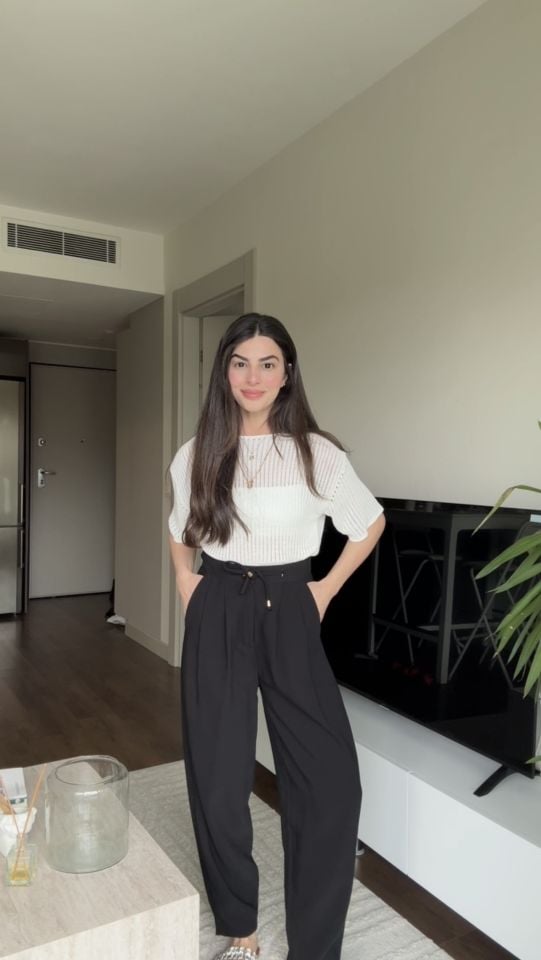 Tensel çift pensli kuşaklı pantolon