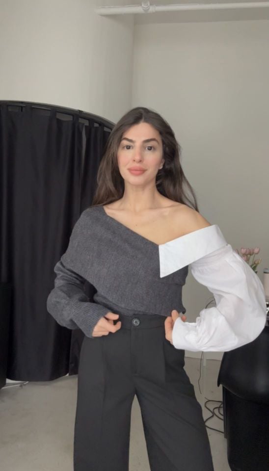 Tek omuz gömlek detaylı antrasit kazak