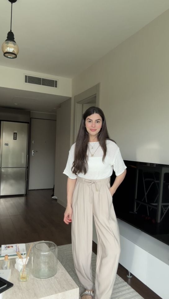 Tensel taş rengi çift pensli pantolon