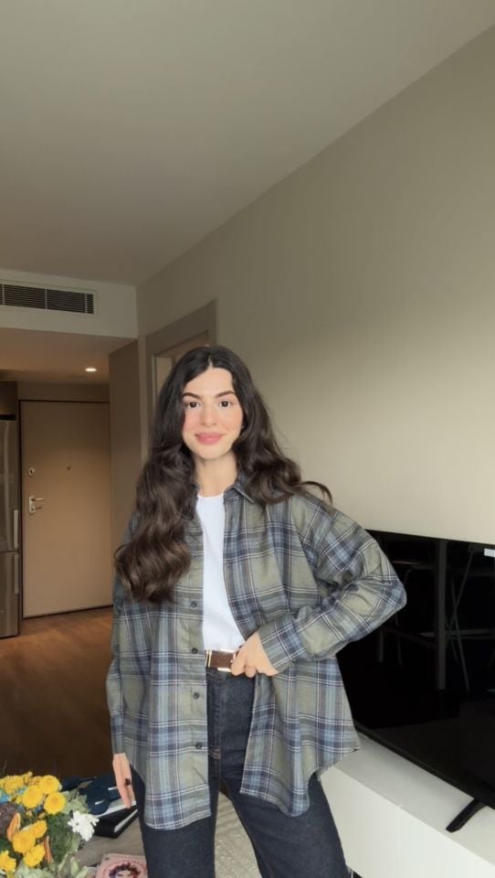 Yeşil lacivert tonlu kareli trend gömlek