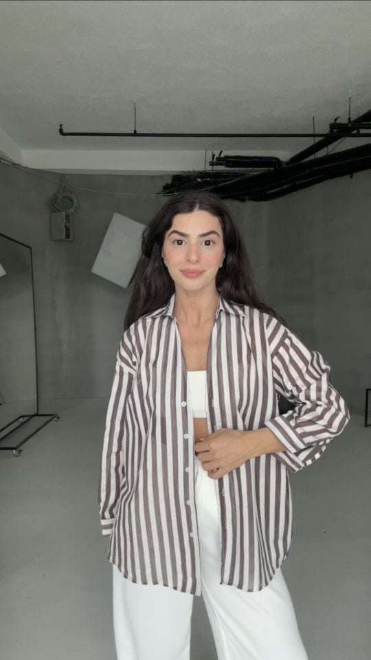 Kahve çizgili oversize gömlek