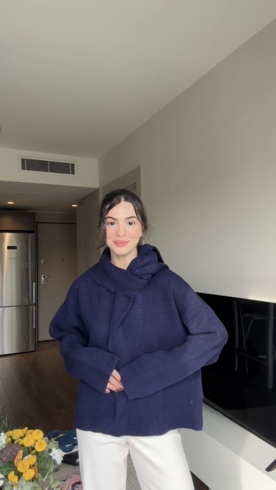 Şallı lacivert tok dokulu triko kazak