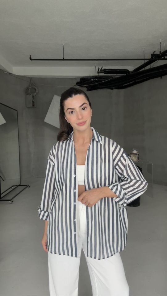 Lacivert çizgili oversize gömlek
