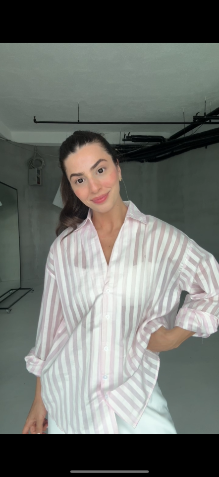 Pembe çizgili oversize gömlek