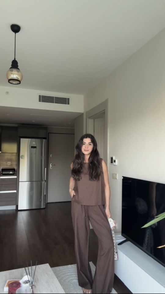 Keten acı kahve bluz pantolon takım