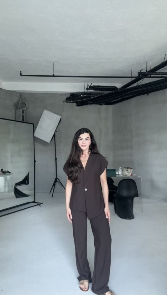 Acı kahve tek düğmeli verev yelek pantolon takım
