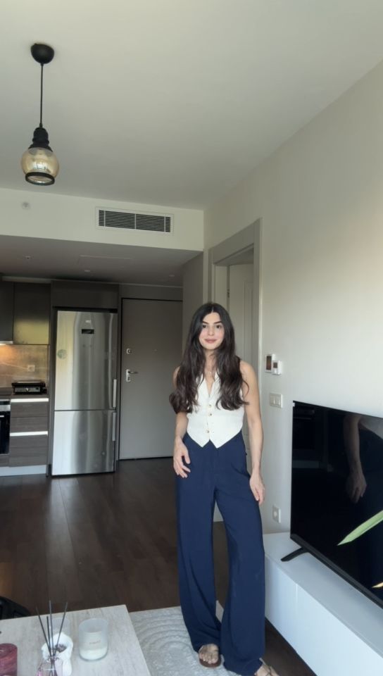 Tensel Gold düğmeli larcivert palazzo