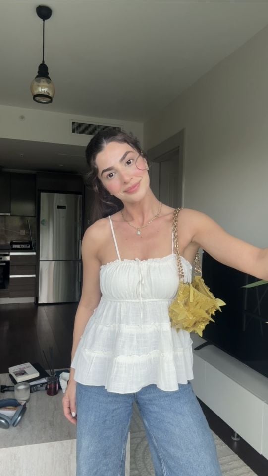 Askılı keten prenses krem bluz
