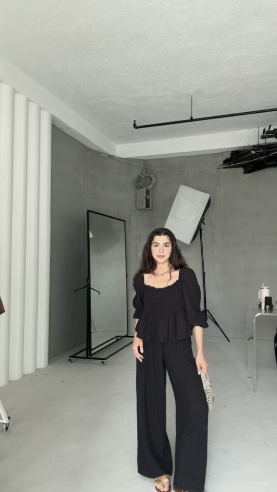 Siyah müslin prenses üst pantolon takım