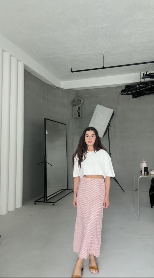 Pembe ekru desenli astarlı etek