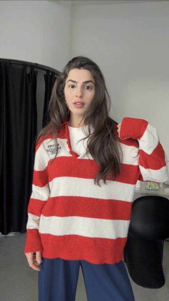 Çizgili stradivarius triko düğmeli kazak