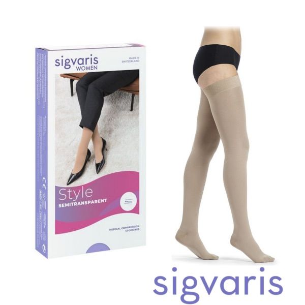 Sigvaris Semi-Transparent Magic Serisi Kasığa Kadar Silikonlu Varis Çorabı Yarı Transparan Görünüm