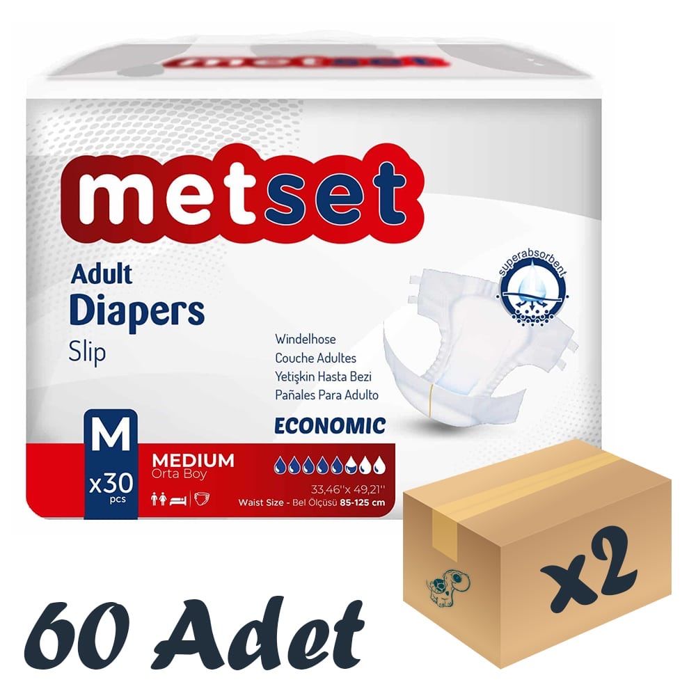 Metset Ekonomik Bel Bantlı Hasta Bezi 5,5 Damla Medium Orta Boy M Beden 30’lu 2 Paket 60 Adet