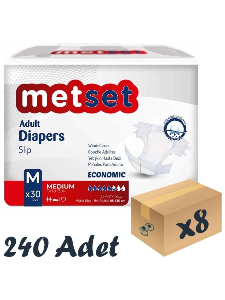 Metset Ekonomik Bel Bantlı Hasta Bezi 5,5 Damla Medium Orta Boy M Beden 30’lu 8 Paket 240 Adet