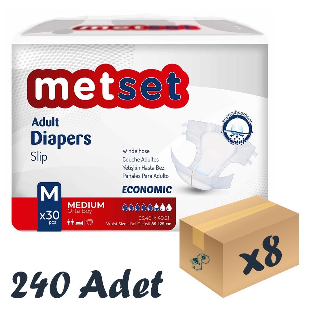 Metset Ekonomik Bel Bantlı Hasta Bezi 5,5 Damla Medium Orta Boy M Beden 30’lu 8 Paket 240 Adet