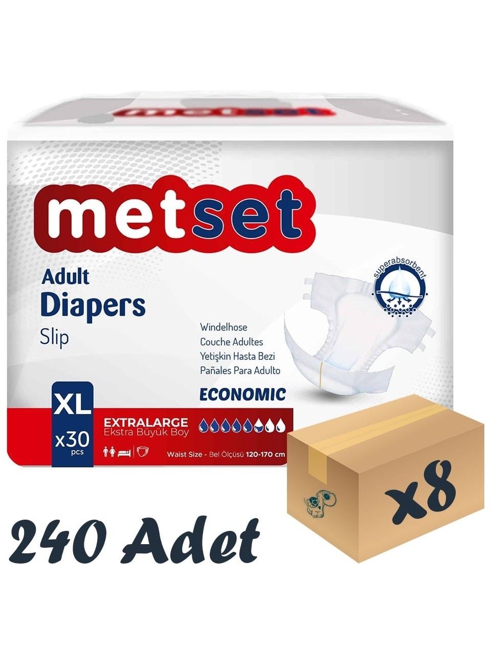 Metset Ekonomik Bel Bantlı Hasta Bezi 5,5 Damla XLarge En Büyük Boy XL Beden 30’lu 8 Paket 240 Adet