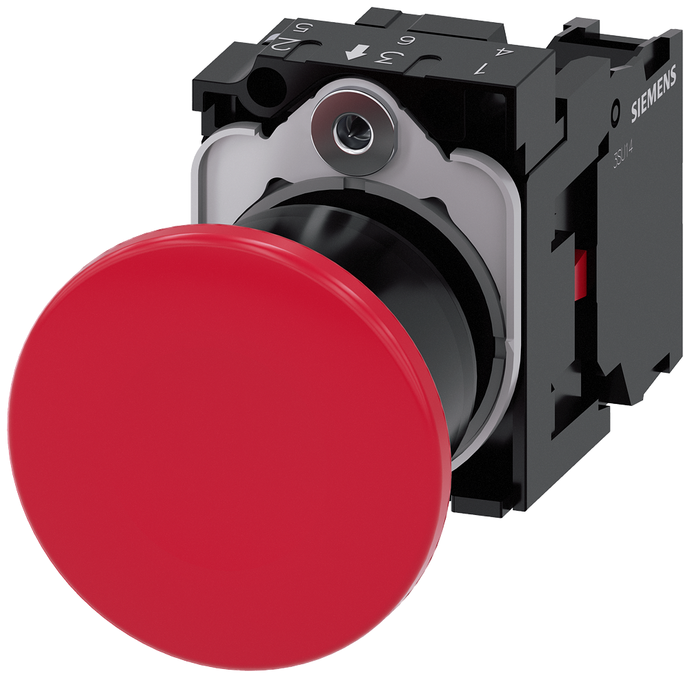 3SU1100-1BA20-1CA0  -  Mushroom pushbutton, 22 mm, round, plastic, red, 40 mm, latching, pull-to-unlatch mechanism, with holder, 1 NC, screw terminal         15-20 gün təslim