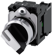 3SU1150-2BF60-1BA0  -  Selector switch, illuminable, 22 mm, round, metal, shiny, white, selector switch, short, 2 switch positions O-I, latching, actuating angle 90°, 10:30h/13:30h, with holder, 1 NO, screw terminal