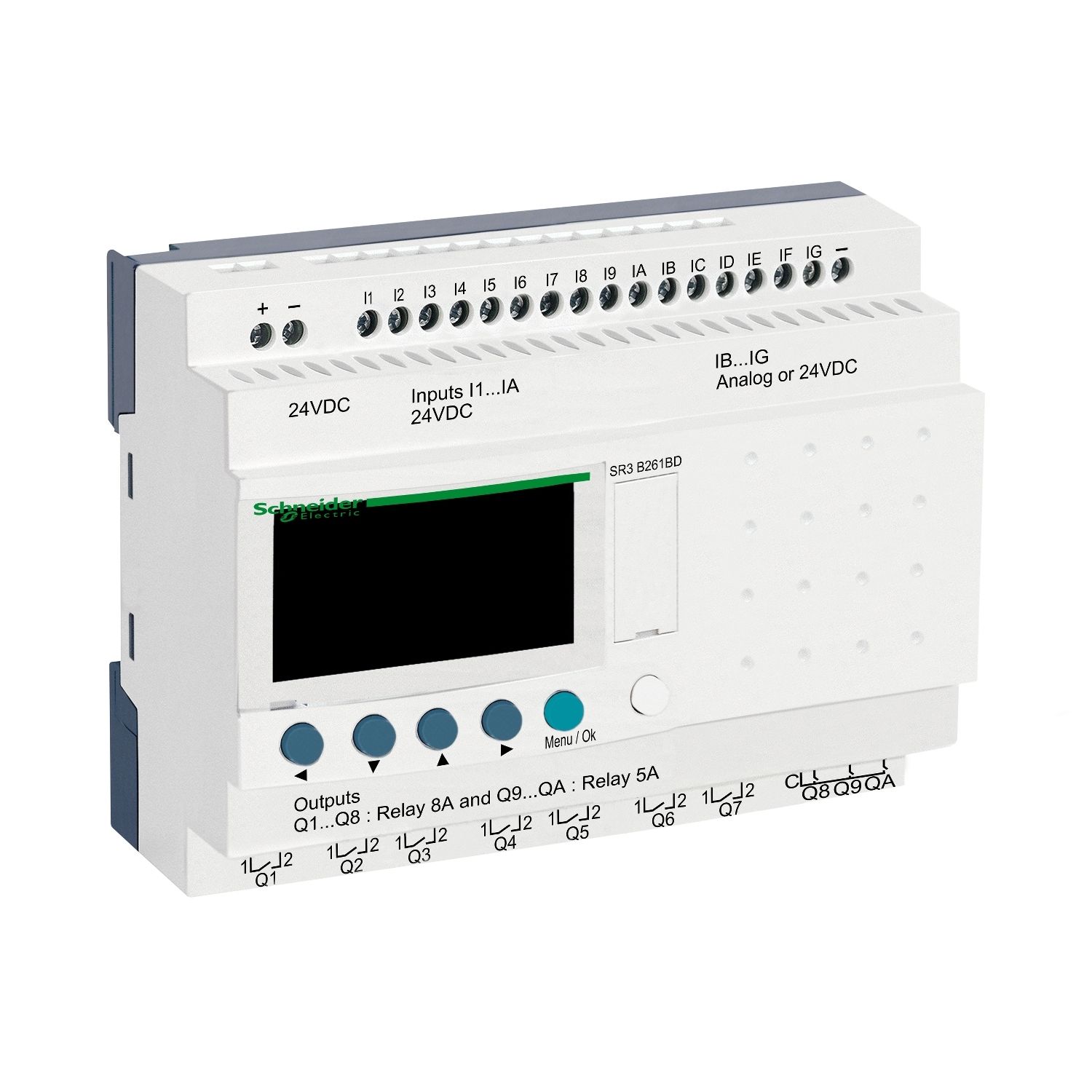 SR3B261BD modular smart relay, Zelio Logic SR2 SR3, 26 IO, 24V DC, clock, display, 10 relay outputs