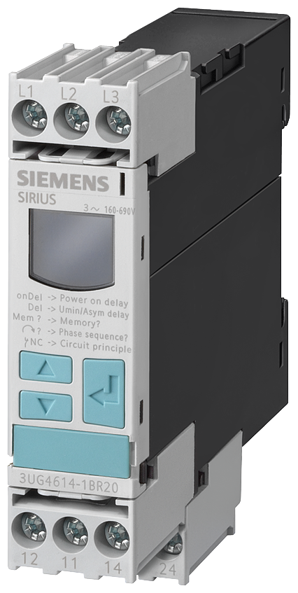 3UG4615-1CR20  -  phase sequence phase failure 3x160-690 V screw digital monitoring relay for 3-phase supply voltage connectable phase sequence phase failure 3 x 160 to 690 V 50 to 60 Hz AC undervoltage and overvoltage 160-690 V hysteresis 1-20 V 0-20 s e