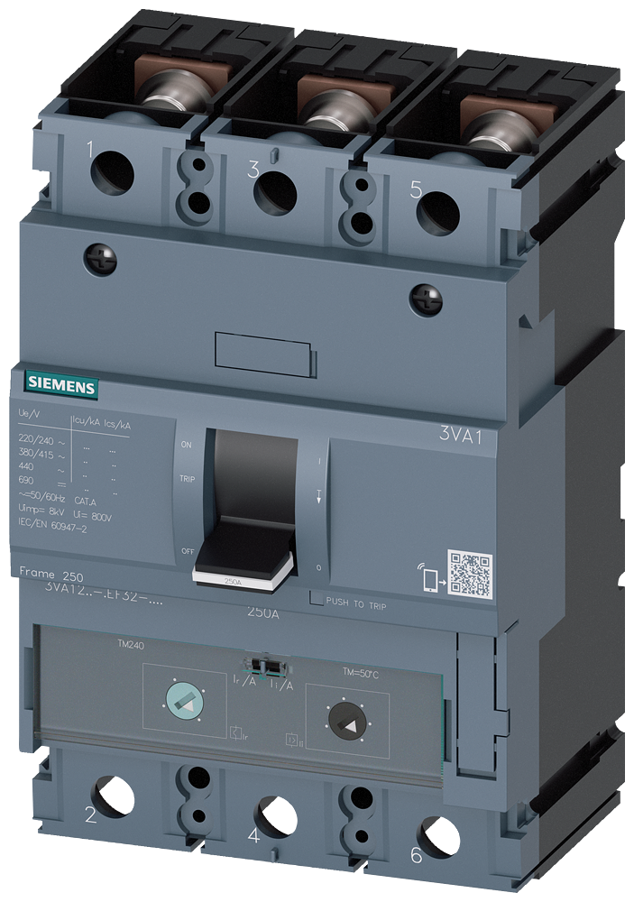 3VA1225-6EF32-0AA0  -  circuit breaker 3VA1 IEC frame 250 breaking capacity class H Icu=70kA @ 415V 3-pole, line protection TM240, ATAM, In=250A overload protection Ir=175A...250A short-circuit protection Ii=5...10 x In nut keeper kit