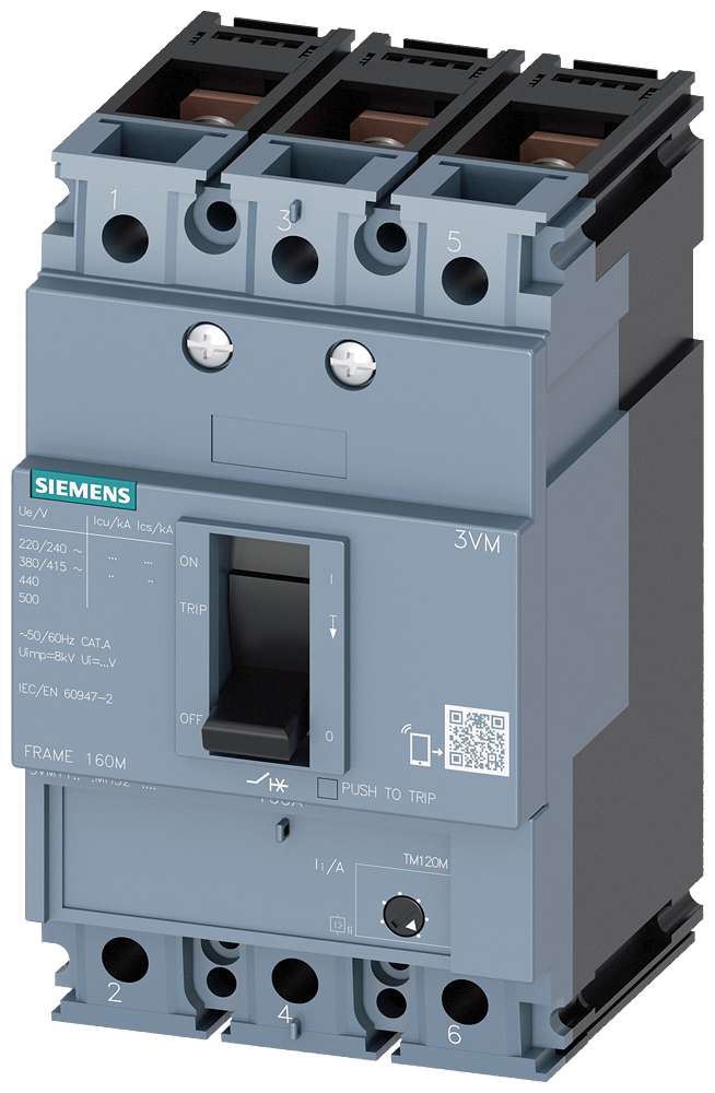 3VM1120-5MH32-0AA0  -  circuit breaker 3VM1 IEC frame 160 breaking capacity class M Icu=55kA @ 415V 3-pole, starter protection TM120M, AM, In=20A without overload protection short-circuit protection Ii=7...16 x In nut keeper kit