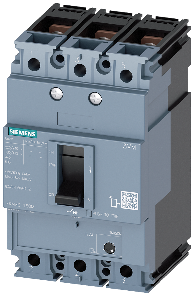 3VM1150-5MH32-0AA0  -  circuit breaker 3VM1 IEC frame 160 breaking capacity class M Icu=55kA @ 415V 3-pole, starter protection TM120M, AM, In=50A without overload protection short-circuit protection Ii=7...16 x In nut keeper kit