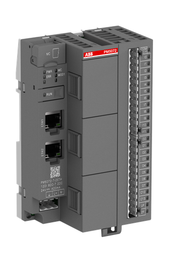 1SAP124500R0073  -  Processor module. Memory 8MB. 12 DI 24 VDC. 8 DO 24 VDC 0.5A. 2 DC 24 VDC. 2 Ethernet interfaces. 3 option slots (PM5072-T-2ETH)