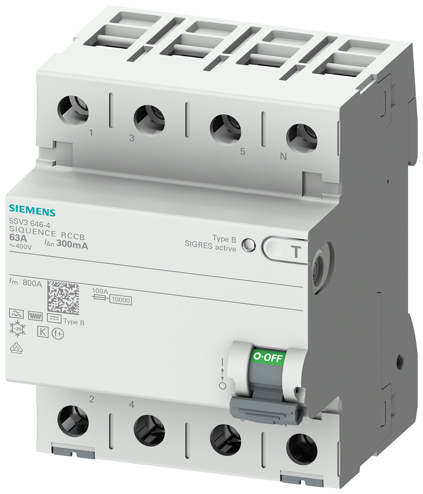 5SV3346-4  -  residual current operated circuit breaker, 4-pole, type B, short-time-delayed, In: 63 A, 30 mA, Un AC: 400 V SIGRES: harsh ambient conditions, extended test interval