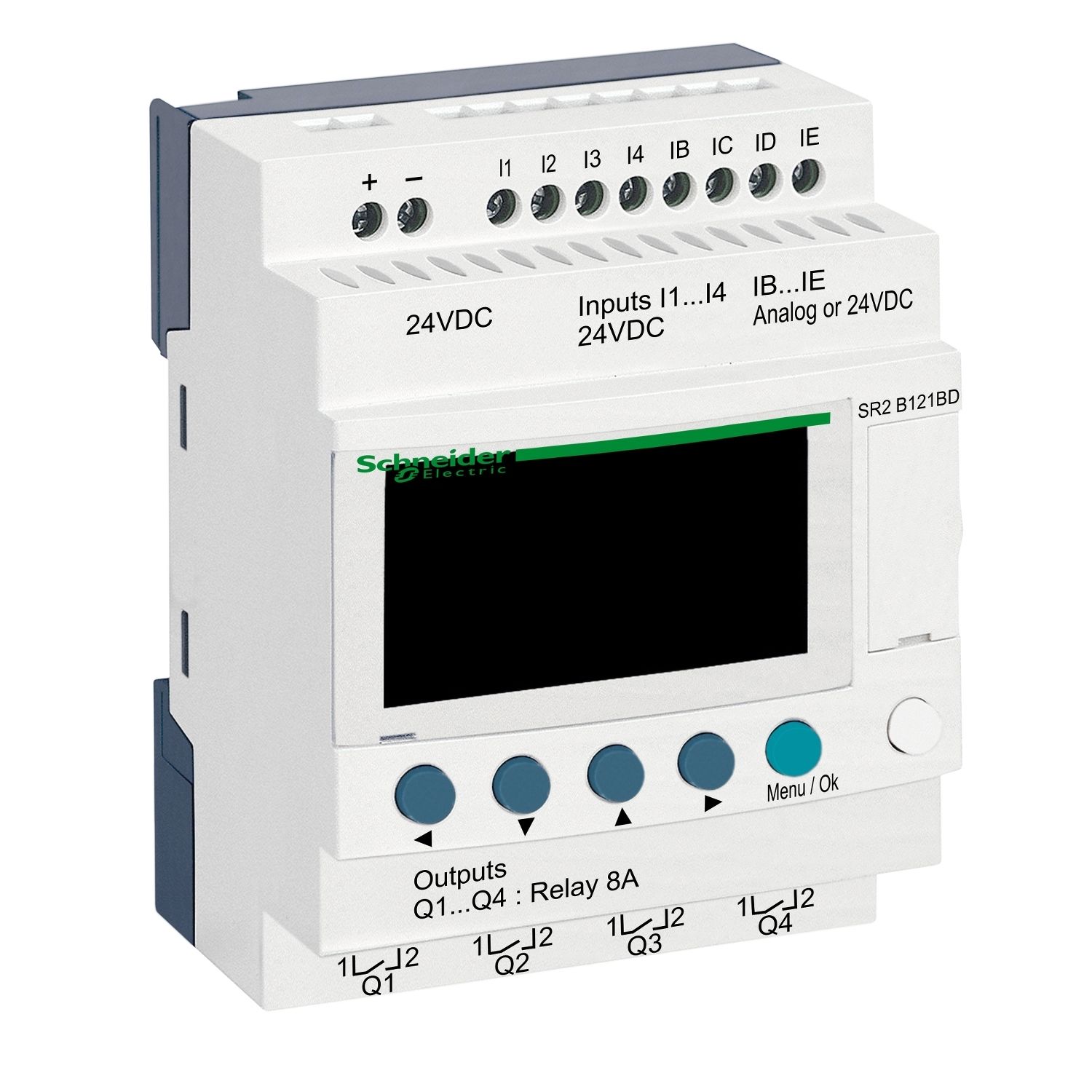 SR2B121BD compact smart relay, Zelio Logic SR2 SR3, 12 IO, 24V DC, clock, display, 4 relay outputs