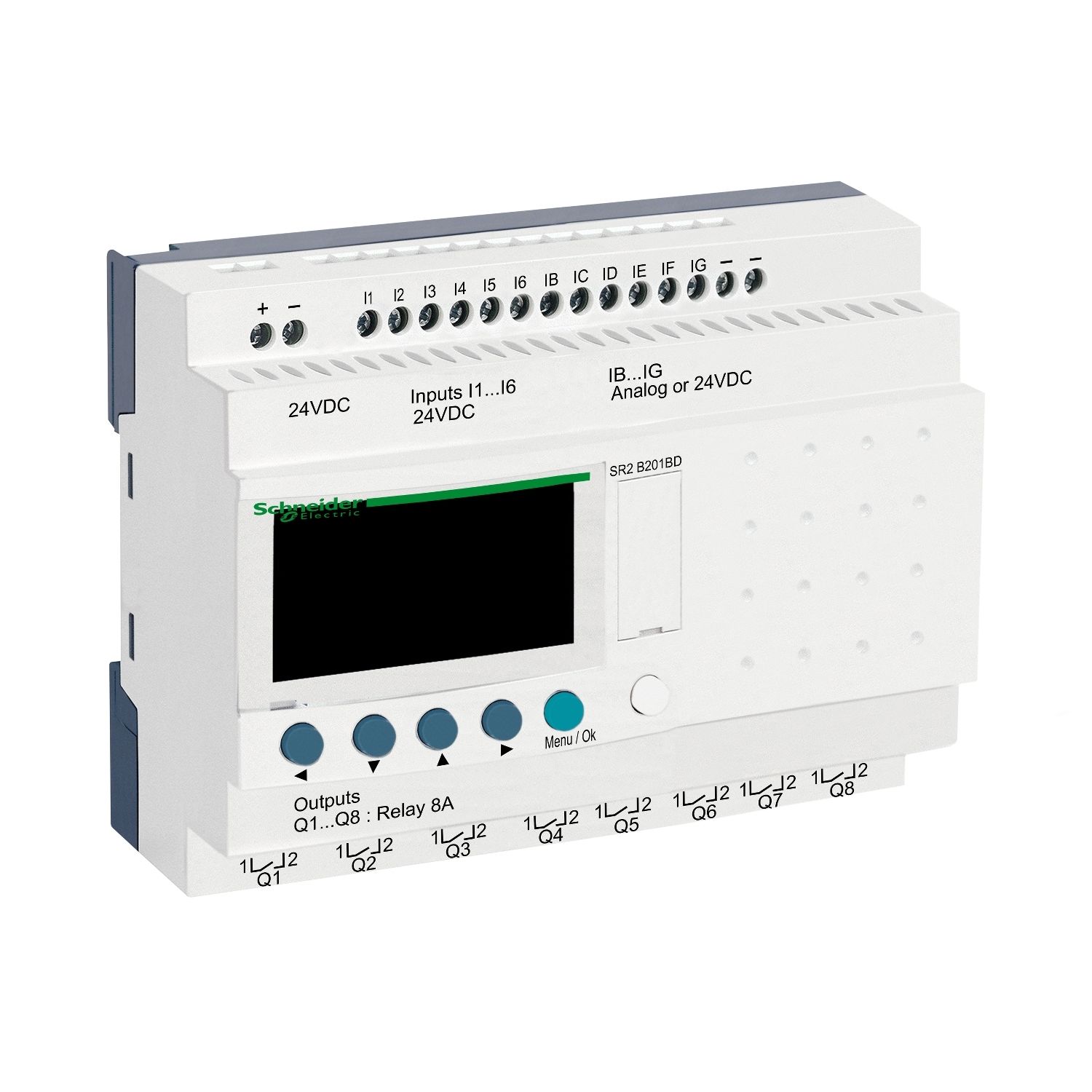 SR2B201BD compact smart relay, Zelio Logic SR2 SR3, 20 IO, 24V DC, clock, display, 8 relay outputs