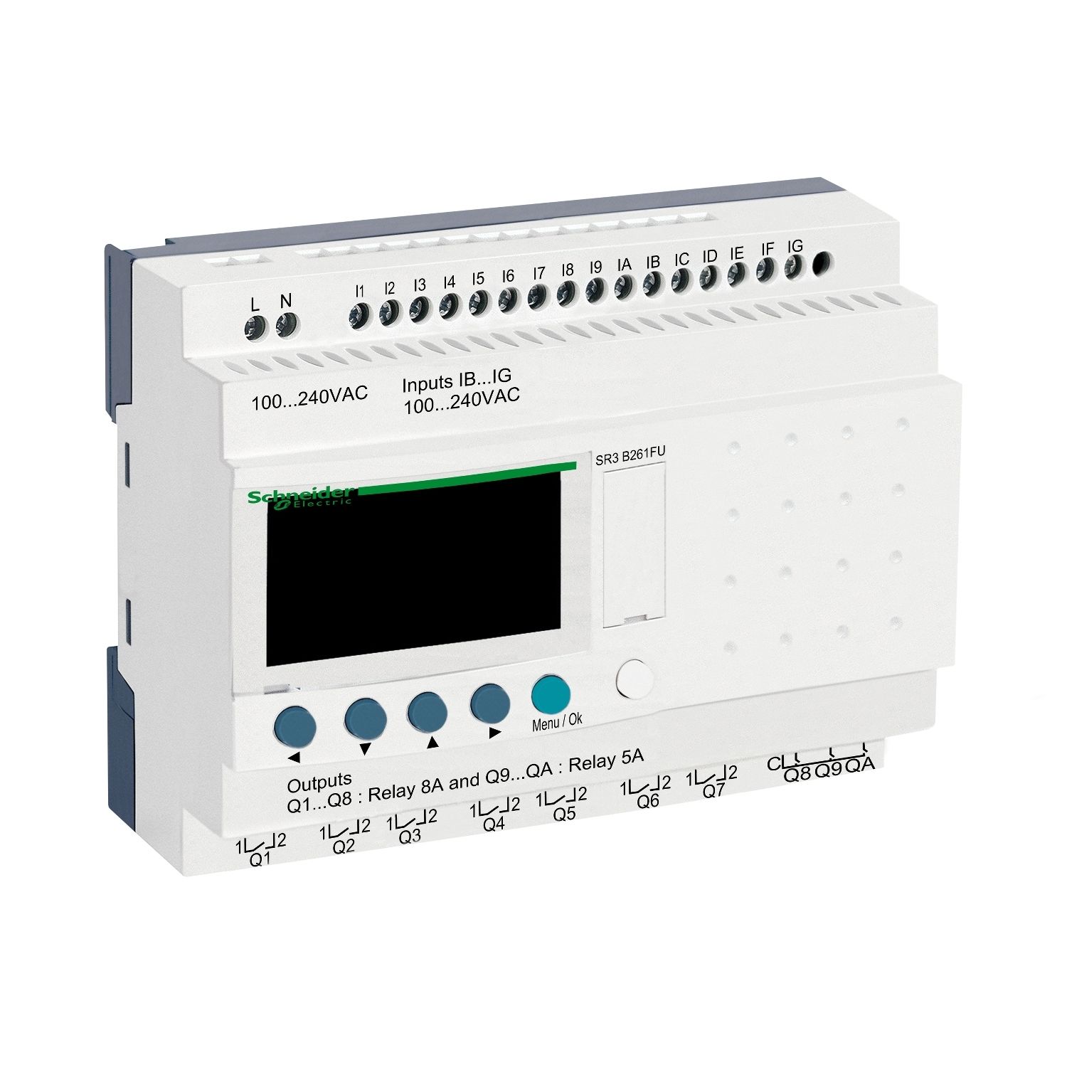 SR3B261FU modular smart relay, Zelio Logic SR2 SR3, 26 IO, 100 to 240V AC, clock, display