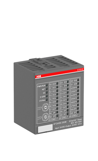 1SAP221000R0001  -  Interface module. EtherCAT slave. 8 DI: 24VDC. 8 DO: 24VDC 0.5A. 8 configurable DI/DO: 24VDC 0.5A. Cam switch functionality (CI512-ETHCAT)