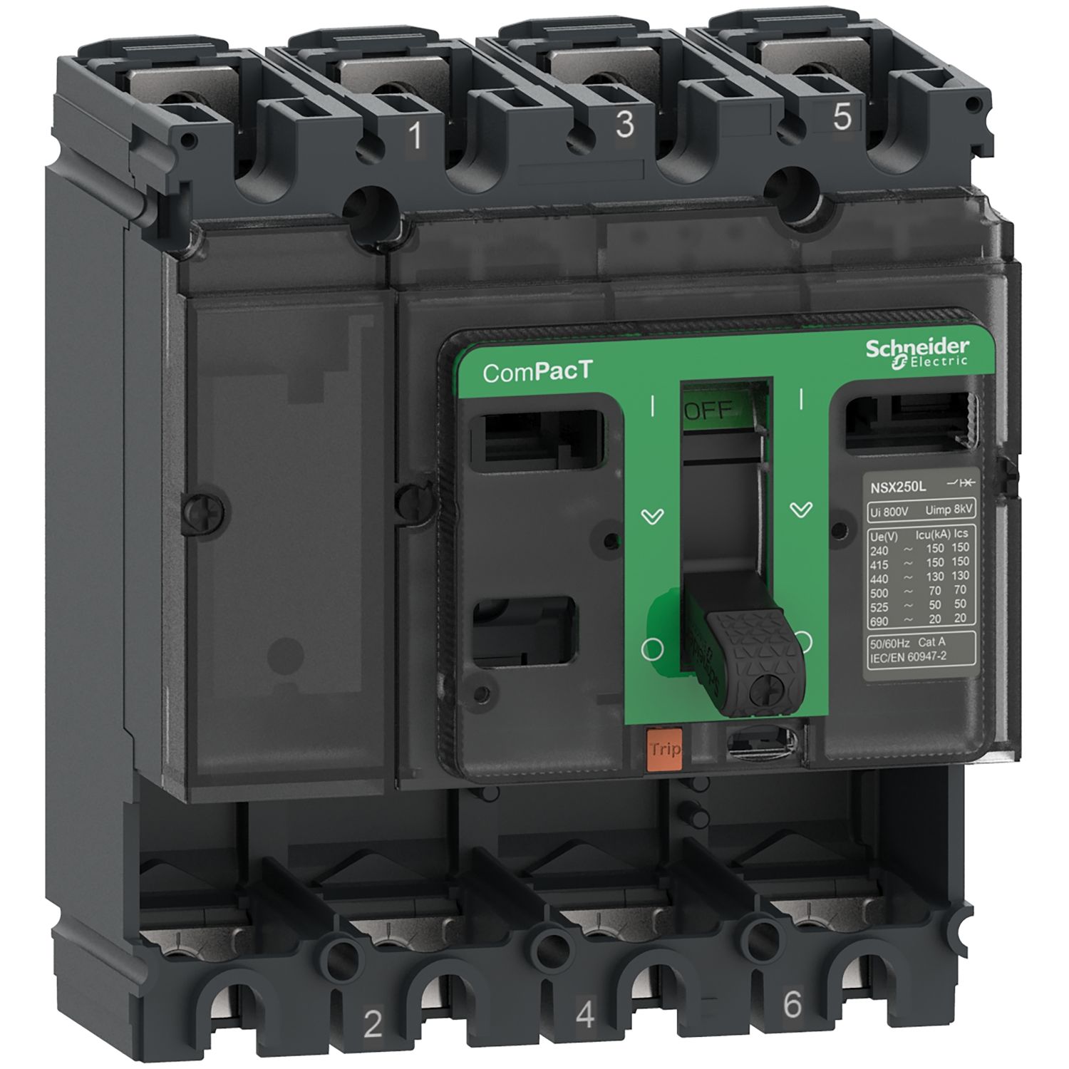 C25N4  -  circuit breaker basic frame, ComPacT NSX250N, 50 kA at 415 VAC 50/60 Hz, 250 A, without trip unit, 4 poles