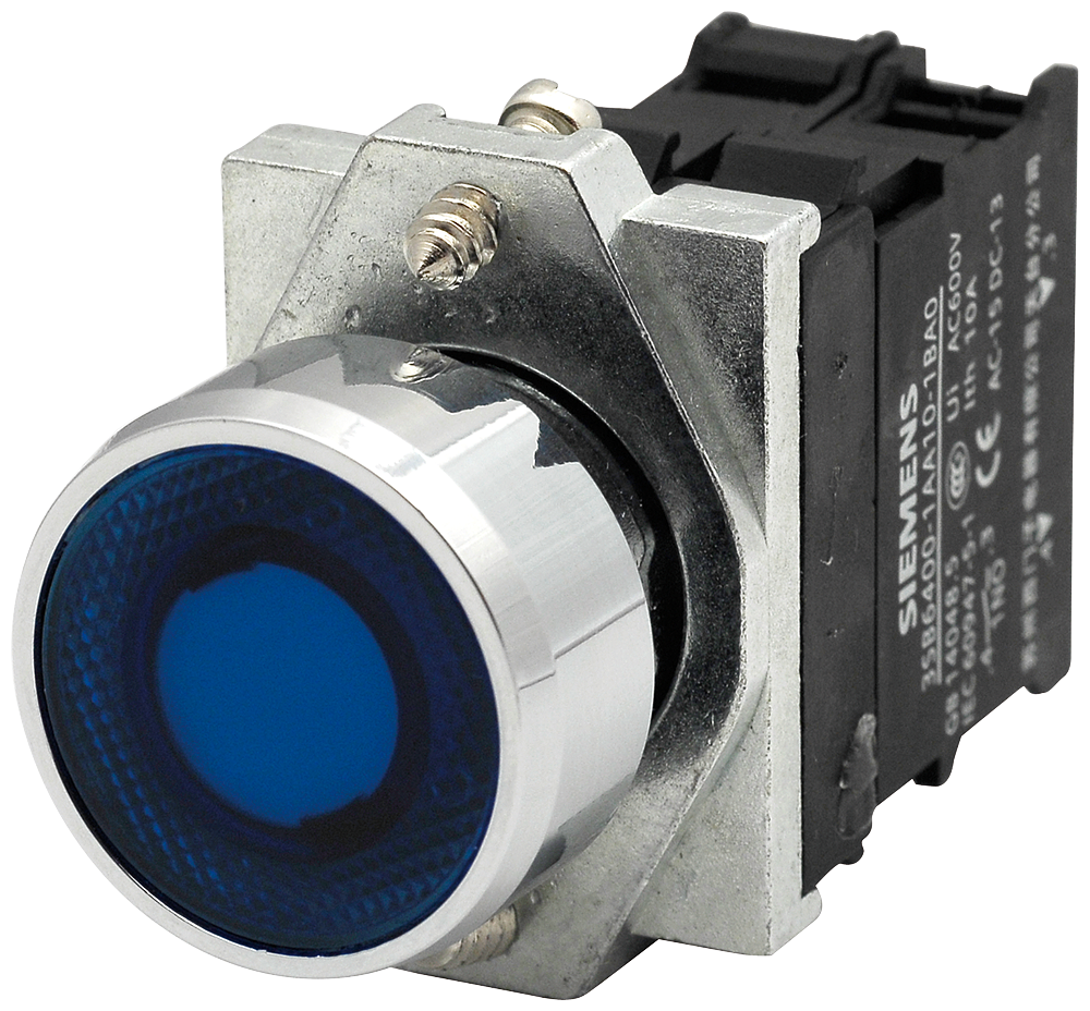 3SB6163-0DB50-1BA0  -  Complete unit combination 22 mm metal shiny round illuminated pushbutton momentary with flat button with holder with integ. LED, 24V AC/DC screw terminal, 1 NO blue         15-20 gün təslim