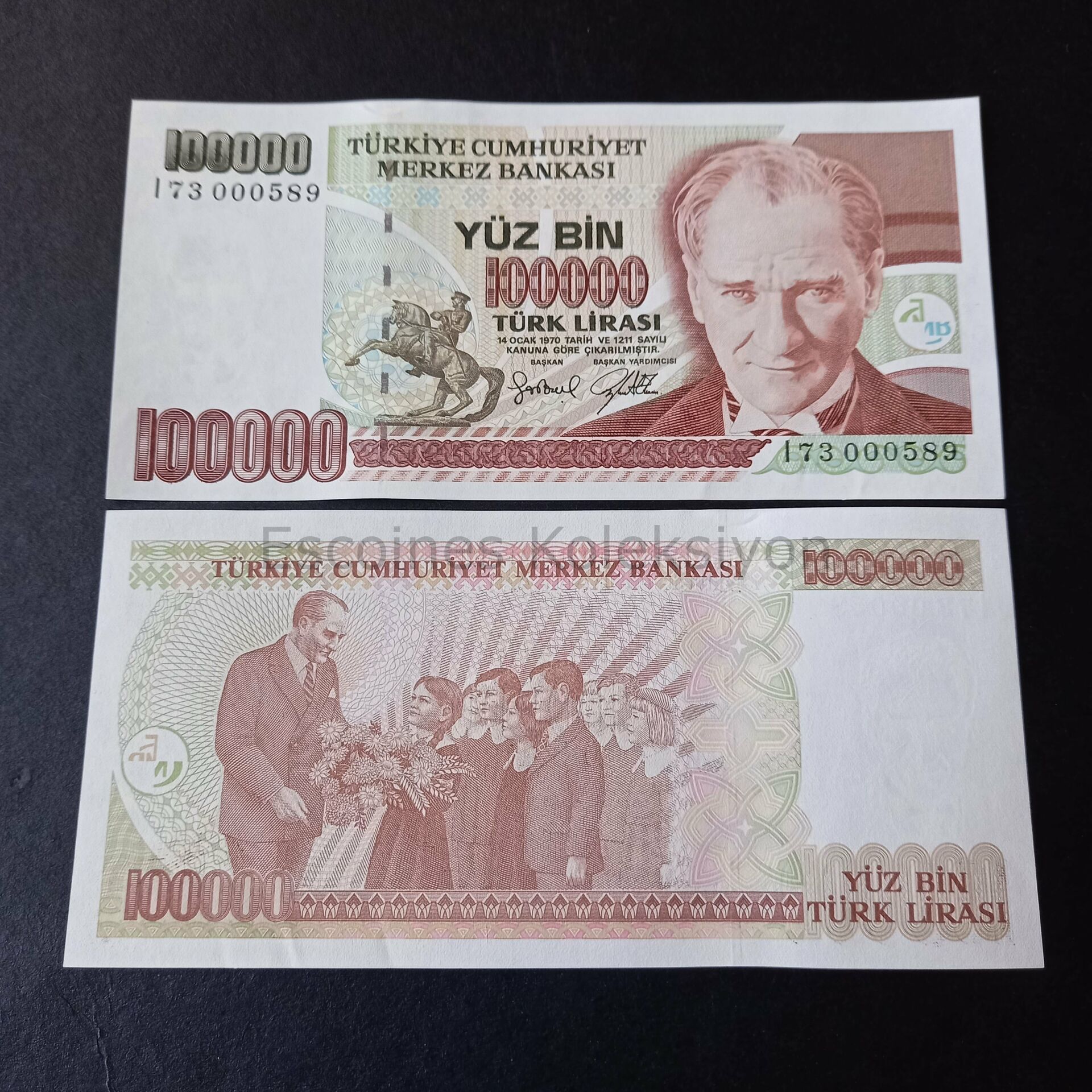 Escoines Koleksiyon 399636680c2894a707 7.Emisyon 100000 Türk Lirası Çil I73 000589 Eski Kağıt Para