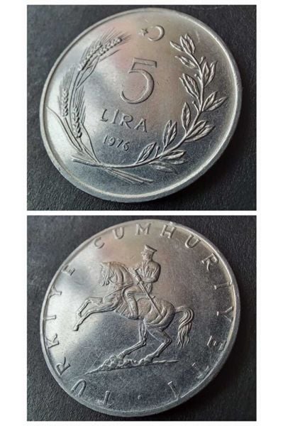 1976 Akmonital 5 türk lirası ÇÇT+/CA eski madeni para