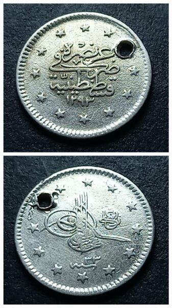 Escoines Koleksiyon 1293/33 2.Abdülhamid 1908 Delikli 1 Kuruş 1,15 Gram Gümüş eski madeni para - 399