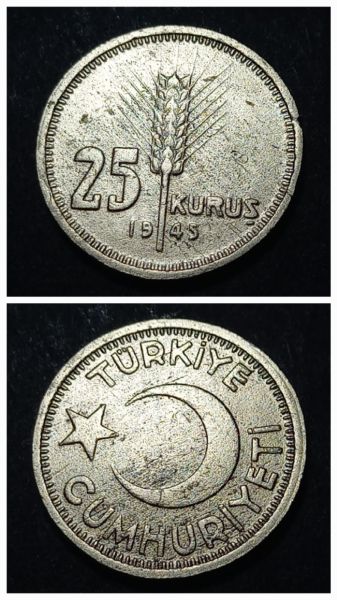 Escoines Koleksiyon 25 Kuruş 1945 ÇİL eski madeni para %80 Bakır - 39963668c90e5bab2f