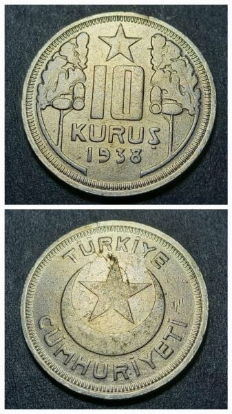 Escoines Koleksiyon 10 Kuruş 1938 ÇİL eski madeni para %75 Bakır - 39963668c9977f026b